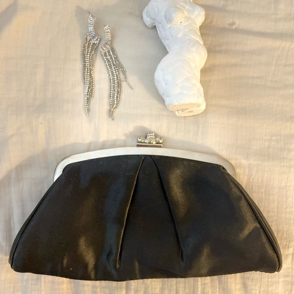 Black satin evening purse clutch with silver rhinestone clasp & chain for women